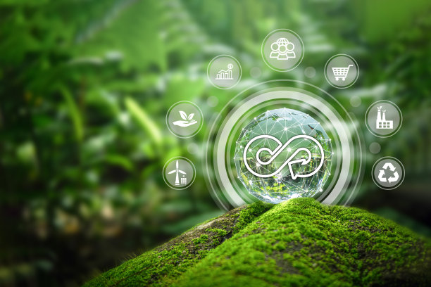 森林中土壤上的水晶地球，周围有循环经济图标。永恒性的概念，无穷无尽的，无限的，循环经济为企业和环境的未来可持续发展。图片下载