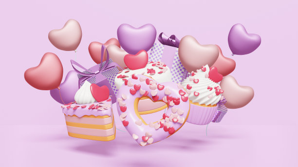 情人节快乐。礼品盒、气球和甜食:粉红色背景的纸杯蛋糕、蛋糕、蛋挞和甜甜圈。三维渲染图片下载
