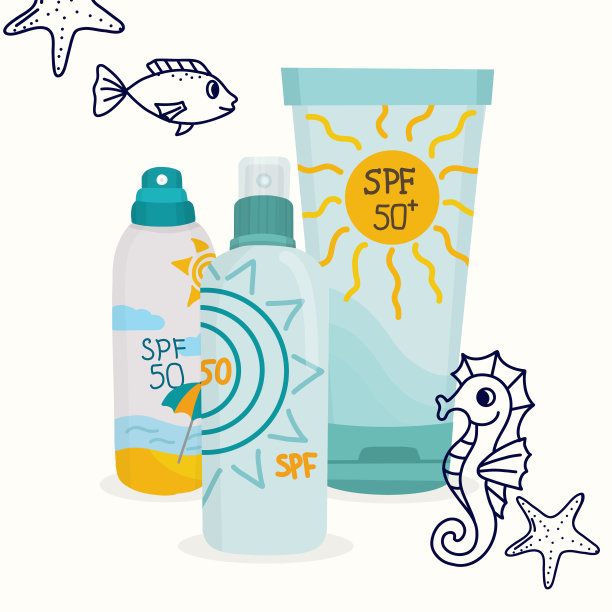儿童防晒插图:面霜和喷雾保护。以海马、鱼和星的线条为特色。矢量图图片下载
