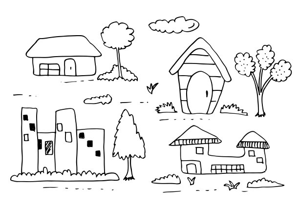 手绘的房子和树木矢量集图片下载