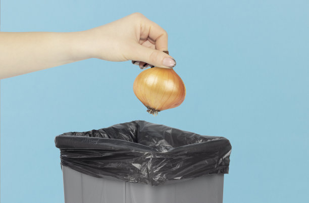 把洋葱扔进垃圾桶，把洋葱头拿在手里扔在垃圾桶前，概念上就是不新鲜的食物图片下载
