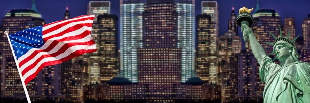 纽约自由女神像和国旗全景网页横幅图片下载