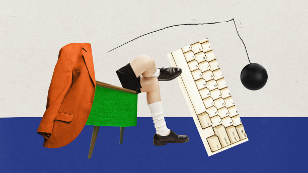 男人，员工坐在扶手椅上，产生创造性的想法，用电脑键盘工作，完成任务，截止日期。当代艺术拼贴。图片下载