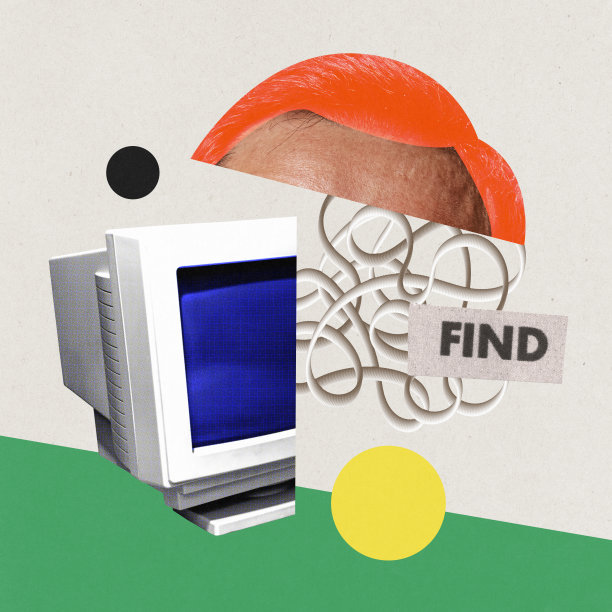 进行专业研究。人的头部连接到电脑。数据。查找项目信息。当代艺术拼贴。图片下载