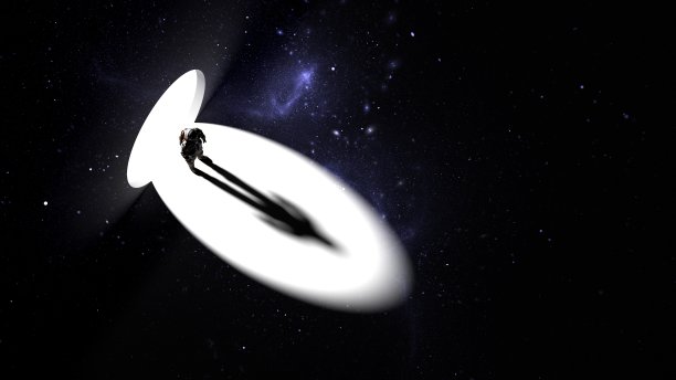 宇航员站在墙上的圆形通道里。通往另一个维度的宇宙之门，穿越宇宙的旅程。三维渲染图片下载