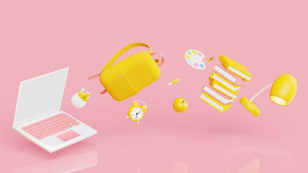 学校用品图标。书包，笔记本电脑，模拟时钟，书，苹果，灯，铅笔，画笔和调色板。三维渲染图片下载