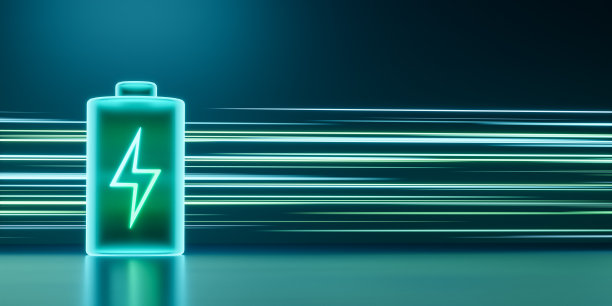 发光绿色能源霓虹灯未来储能，高容量可充电锂离子电池，3D渲染未来电动汽车清洁能源技术概念的光迹图片下载