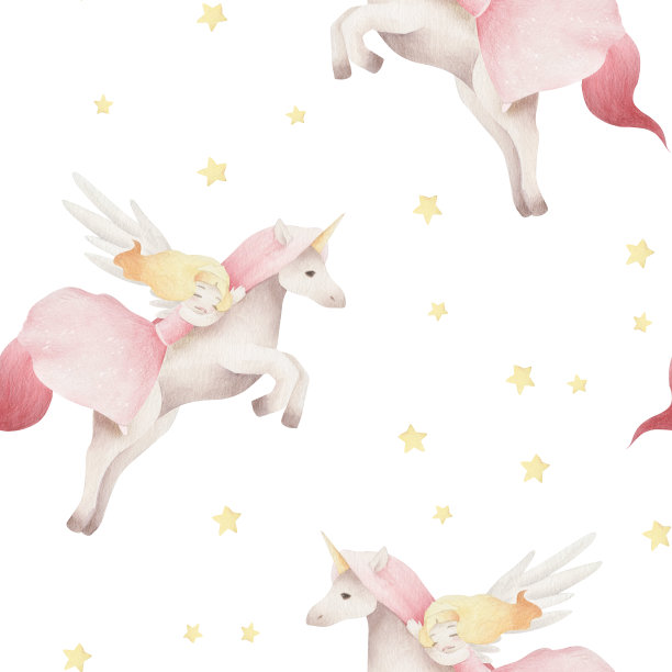 水彩图案与独角兽和公主。图片下载