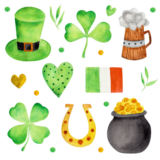 水彩手工制作的。圣帕特里克节。一套元素帽子，三叶草，圆顶礼帽，马蹄铁。图片下载