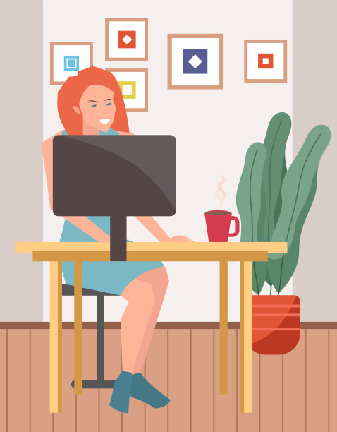 在家庭办公室工作的女性。女主人公坐在房间的书桌前，看着电脑屏幕图片下载