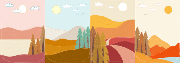 一组抽象风景画。新潮的极简主义抽象景观插图。矢量插图设计海报，书的封面，小册子，小册子，杂志，传单图片下载