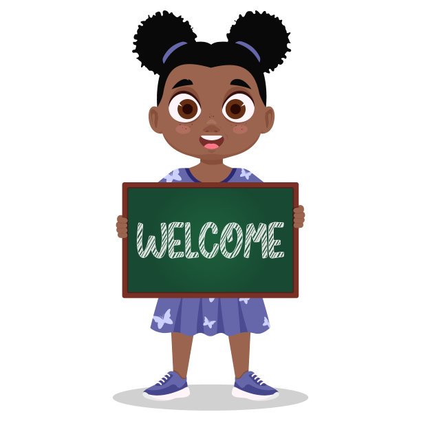 女孩手里拿着一块小板，上面写着“欢迎”。图片下载