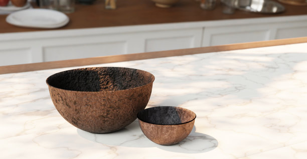 空碗上的木盘子空杯子和盘子餐桌背景在厨房餐桌背景3D插图图片下载