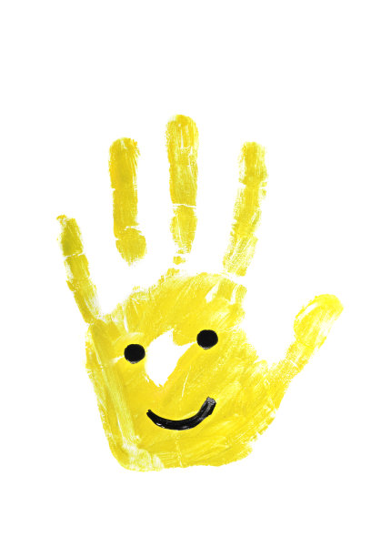 水彩画手印在白底上画上微笑，儿童娱乐的概念，好心情，童年图片下载