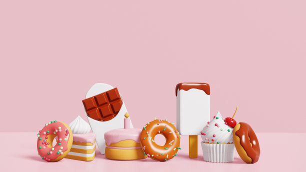 不健康的甜食。甜甜圈，蛋糕，纸杯蛋糕，巧克力，挞和冰淇淋在粉红色的背景。三维渲染图片下载