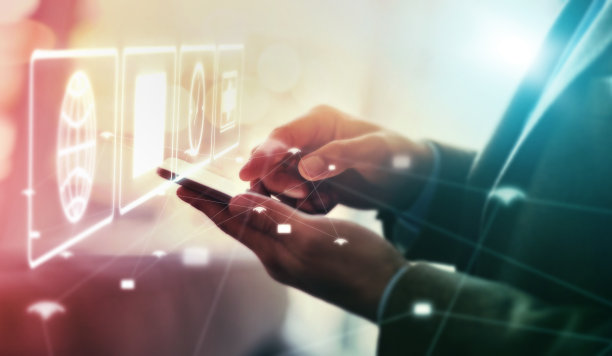 Hologram, network and hands of a businessman with a phone for connection, internet and search. Website, digital marketing and employee with a mobile and cyber interface with a menu and web system图片下载