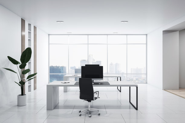 现代空办公室内部的正面视图，混凝土地板，白色墙壁和带电脑的办公桌，城市景观和家具的窗户。业务背景和工作空间概念，3D渲染图片下载