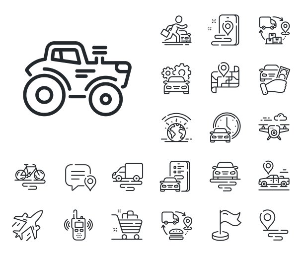 拖拉机运输线图标。农业农用车标志。飞机，供应链和地点。向量图片下载