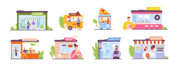 业主家族企业。多样化的小企业为客户休闲，夫妇开始餐厅意大利披萨饭杂货店咖啡店厨师面包店精彩的矢量插图图片下载