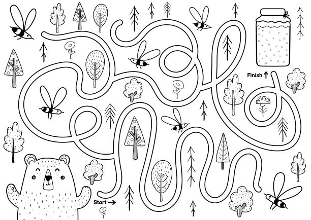 儿童黑白迷宫游戏。帮助这只可爱的饿熊找到吃蜂蜜的路图片下载