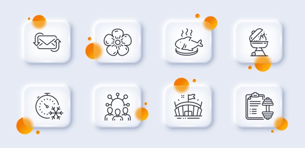 刷新邮件，烧烤和鱼菜线图标包。用于web应用程序。3d玻璃按钮。向量图片下载