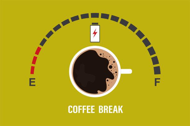用一杯咖啡来测量。电池充电，咖啡或茶休息后充满能量指示。权力。可打印的横幅，网络推广海报，模板。前视图。图片下载