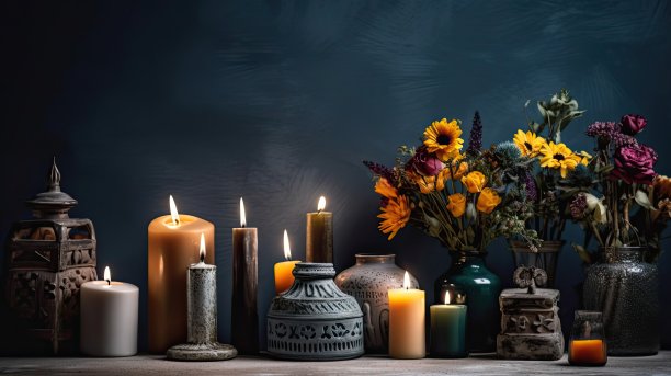 侧视图死亡之日的横幅概念设计的蜡烛和鲜花在黑色的背景图片下载