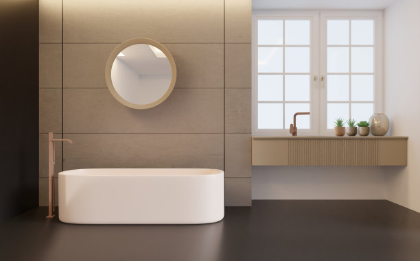 浴室采用极简风格，暗色调，洗脸盆上有玻璃窗。三维渲染图片下载