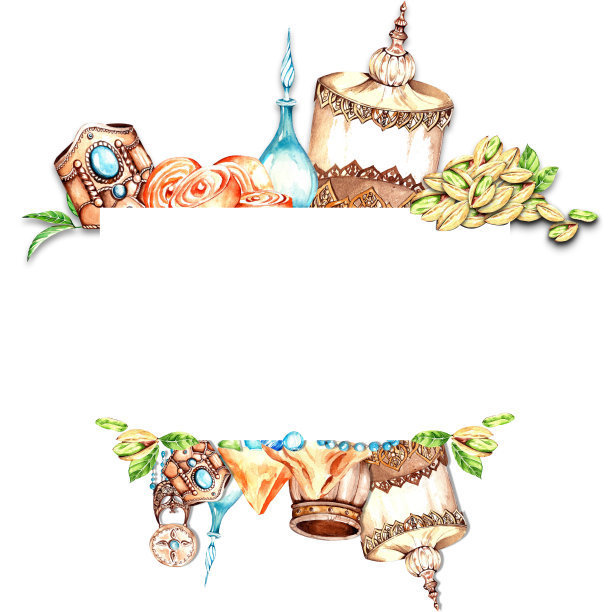 一组水彩元素。东方装饰，珠宝。灯具，手镯，东方香料，东方集市。设计图片下载