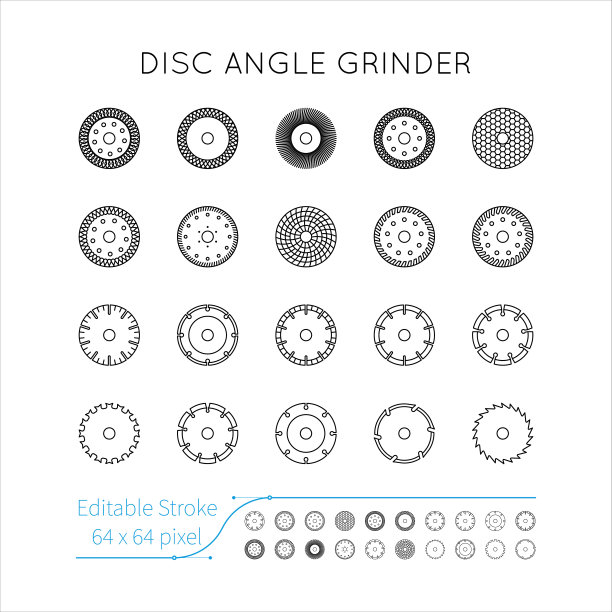 钻石光盘图标集。角磨机用圆盘。切割，金属，木材，混凝土，花岗岩，陶瓷，沥青，层压板。可编辑的中风图片下载