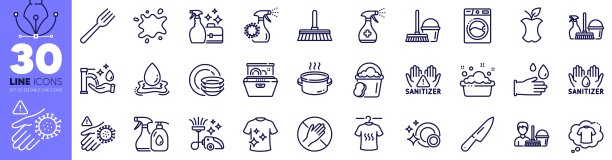 有机废物、禁止触摸和带拖把的桶线性图标包。用于 Web 应用程序。矢量图片下载