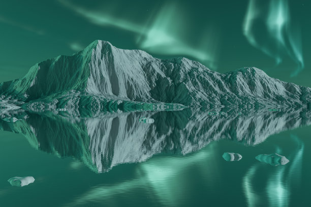 大冰山被冰板包围，并被北极光照亮的3D渲染图图片下载