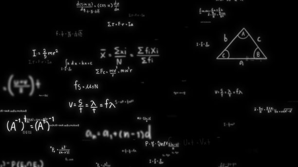 物理方程概念，数学计算，科学公式，算术和手写几何符号，黑底手写粉笔研究，三维渲染图片下载