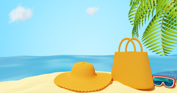 夏天的海沙。热带景观与海滩项目。三维渲染图片下载