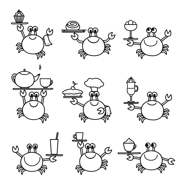 一组服务员。可爱的卡通微笑蟹的轮廓提供饮料和糖果:咖啡，浓缩咖啡，拿铁，茶壶茶，蛋糕，面包，馅饼，冰淇淋。涂鸦。图片下载