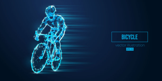 抽象线框轮廓公路自行车赛车从三角形和粒子在蓝色背景。一个人独自骑着运动自行车。自行车运动交通工具。矢量图图片下载