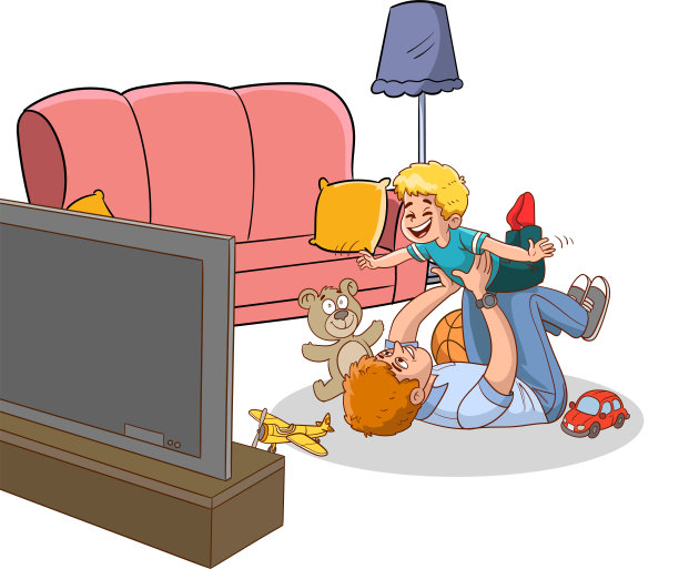 年轻的父亲和儿子在一起玩游戏。父子矢量插图。图片下载