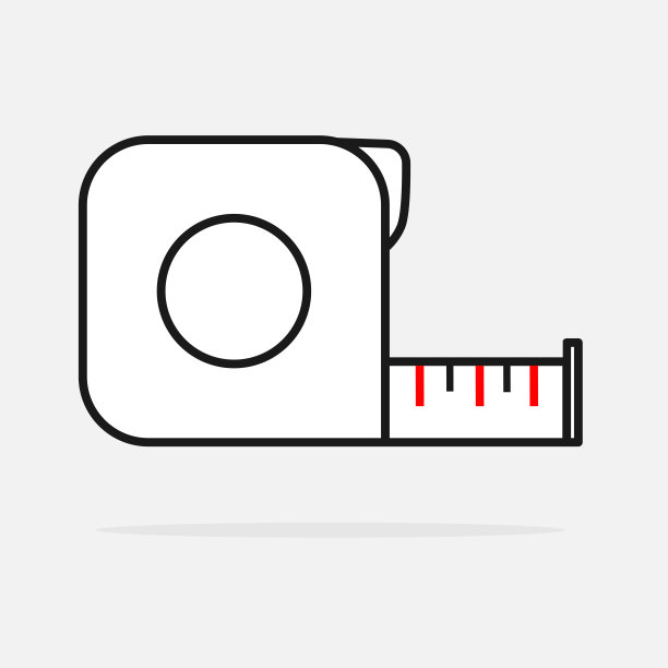 施工测量，测量卷尺工具图标在平面线条风格，孤立在灰色背景。图片下载