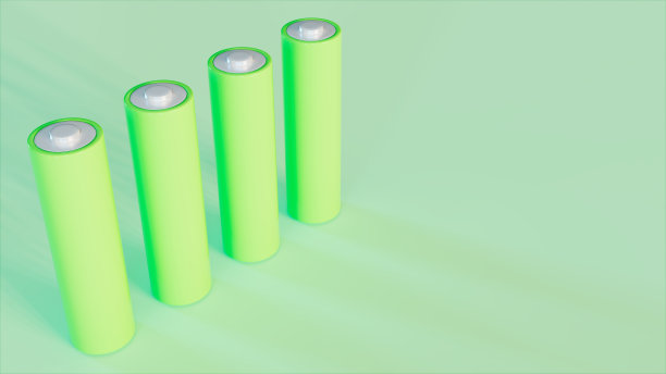 四个绿色双A型电池在绿色舞台上对齐，三维插图图片下载