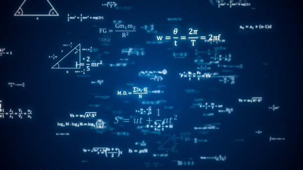 物理方程概念，数学计算，科学公式，算术和手写几何符号，蓝色背景打字研究，三维渲染图片下载