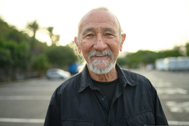 白天，穿着休闲服、面带微笑的大胡子老男人站在模糊的城市街道上看镜头图片下载