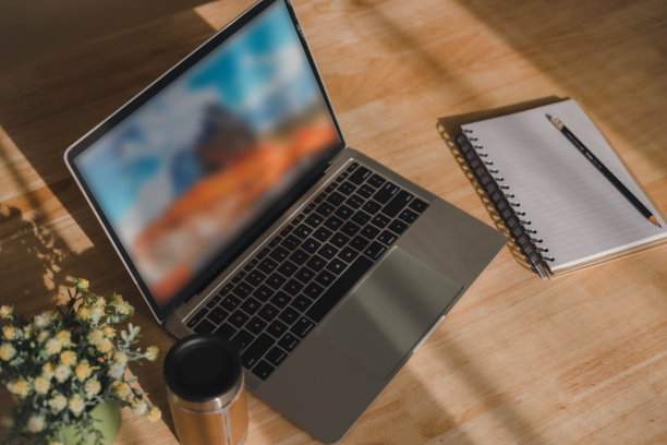 笔记本电脑，咖啡杯，笔记本和室内植物。带复制空间的俯视图。图片下载