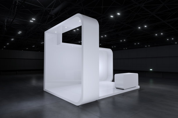 展台实物模型及企业形象、展示设计。空展台设计。展厅零售摊位元素。展台设计贸易展。空白展位系统的图形资源。3d背景在线活动，会议，直播。3 d渲染。图片下载