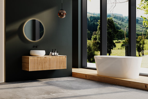 现代浴室内饰，镶木地板和混凝土地板，白色水槽，圆形镜子，白色浴缸，室内植物，绿色墙壁。极简主义的浴室，现代家具，森林景观。三维渲染图片下载
