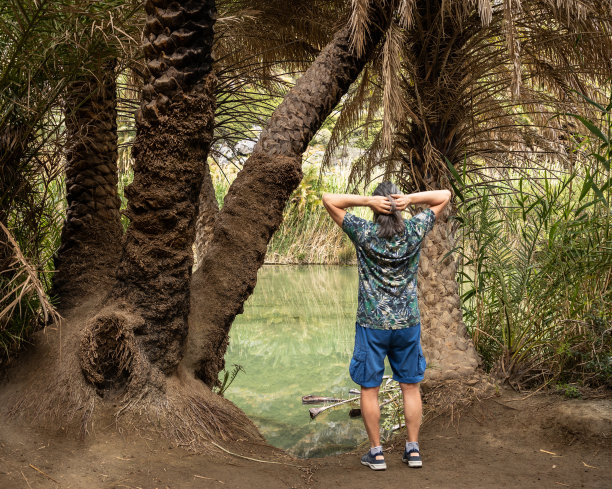 希腊，克里特岛，普雷韦利，一位头发花白的长发男子站在河岸上，对岸映出棕榈树的倒影图片下载