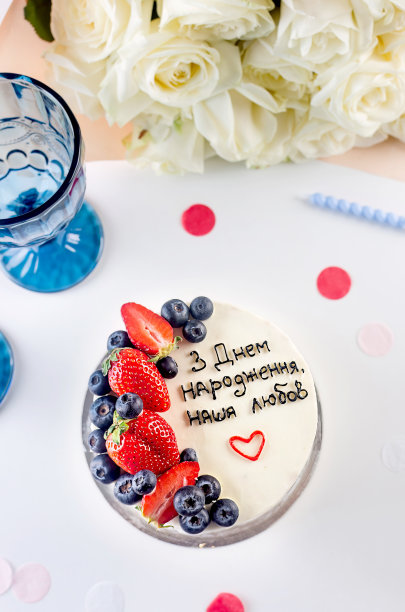 时髦的便当蛋糕，在浅色背景上刻着乌克兰语“生日快乐”。图片下载