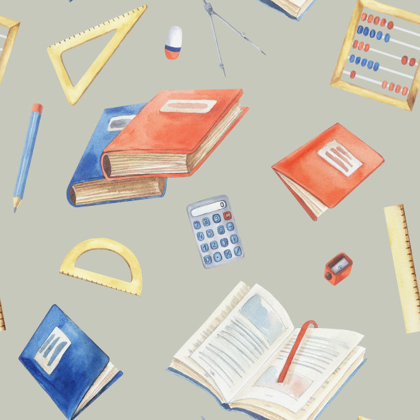 学校物品的样式:尺子，铅笔，指南针，橡皮，笔记本，一本书，课本，一摞书，计算器，卷笔刀。水彩插图，明信片，日历，学校产品和海报。图片下载