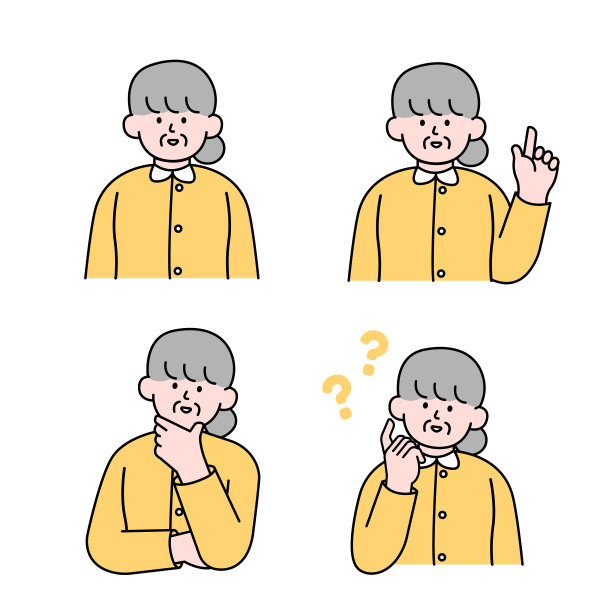 一位年长的妇女摆出思考的姿势，提问并用手指着，简约风格矢量插画图片下载
