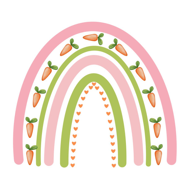 复活节彩虹与心和胡萝卜插图孤立的白色背景。图片下载