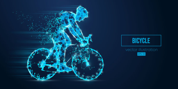 抽象线框轮廓公路自行车赛车从三角形和粒子在蓝色背景。一个人独自骑着运动自行车。自行车运动交通工具。矢量图图片下载